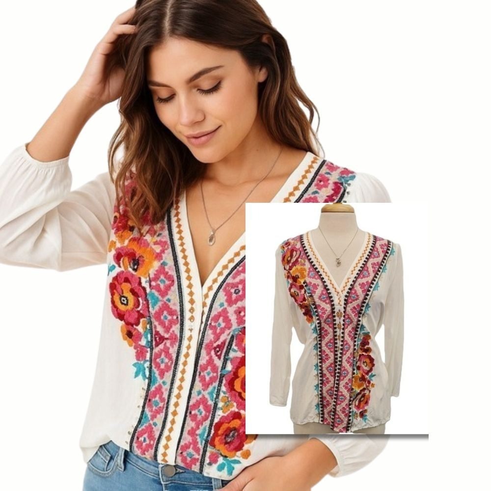 Embroidered Peasant Blouse Boho V-Neck Long Sleeve Festival White Womens S